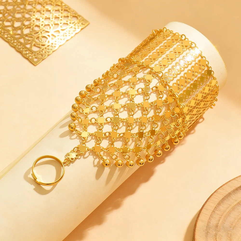 Vintage Ethnic Gold-Plated Metal Bracelet, Middle Eastern Exotic Style With Central Ring For Stage Dancer Finger Hand Accessory image 3