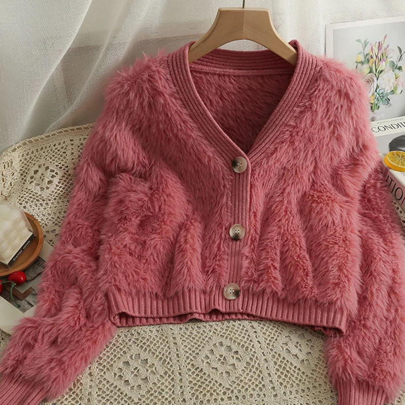 Elegant V Neck Knitted Mohair Cardigan Women Autumn Winter Long Sleeve Cropped Cardigans Woman Chic Solid Color Fur Sweater