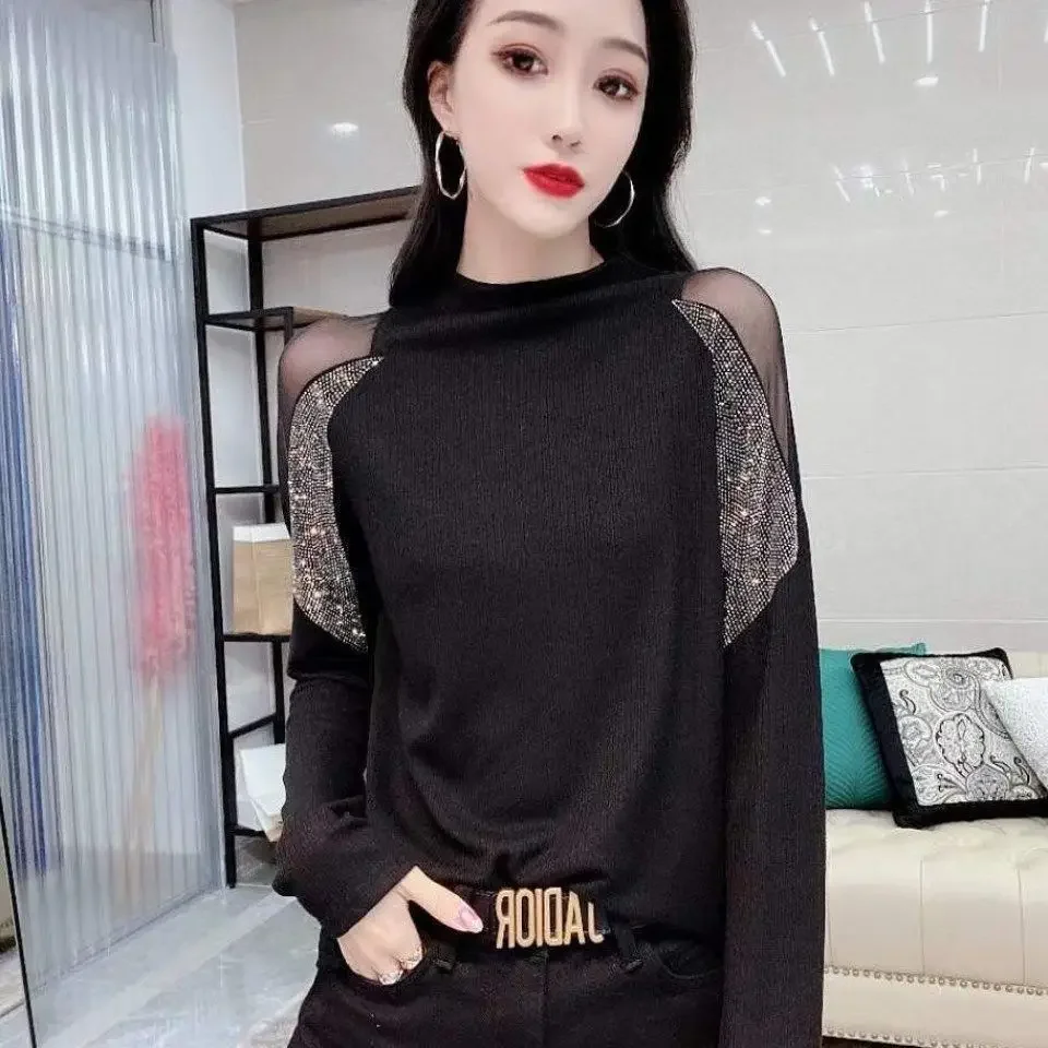 

New stitch diamond long sleeve bottoming shirt women's 2020 autumn half high neck t-shirt top