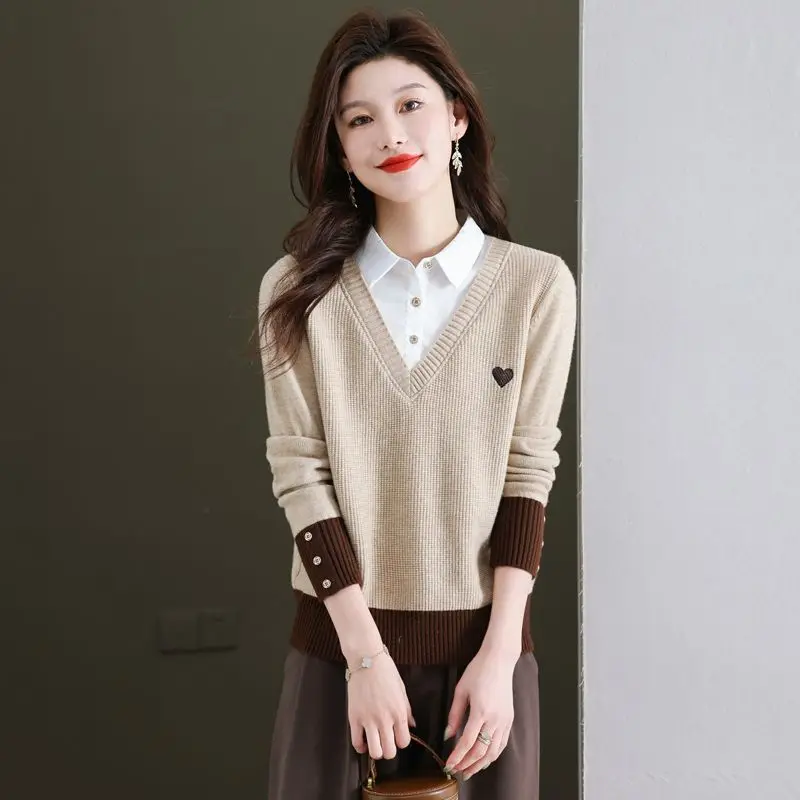 Shirt Collar Fake Two Sweaters Autumn New Style Fashionable Pullover Explosive Style Western-style Knitted Bottom Top