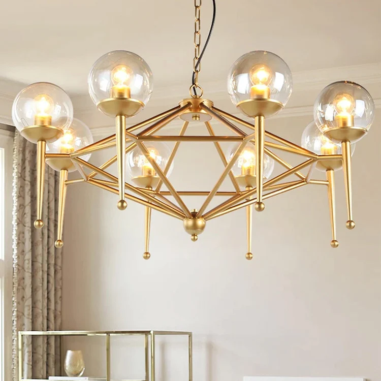 

E14 Glass Ball Lampshade Modern Golden Bedroom Living Room Hanging Brass Led Chandelier Light