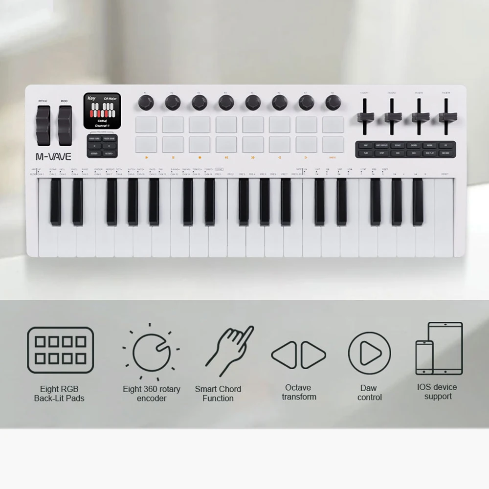 M-VAVE SMK-37 PRO Teclado MIDI de 37 teclas, almohadillas de batería, fuente de sonido, teclado 16 RGB, compatible con conexión inalámbrica con múltiples sistemas