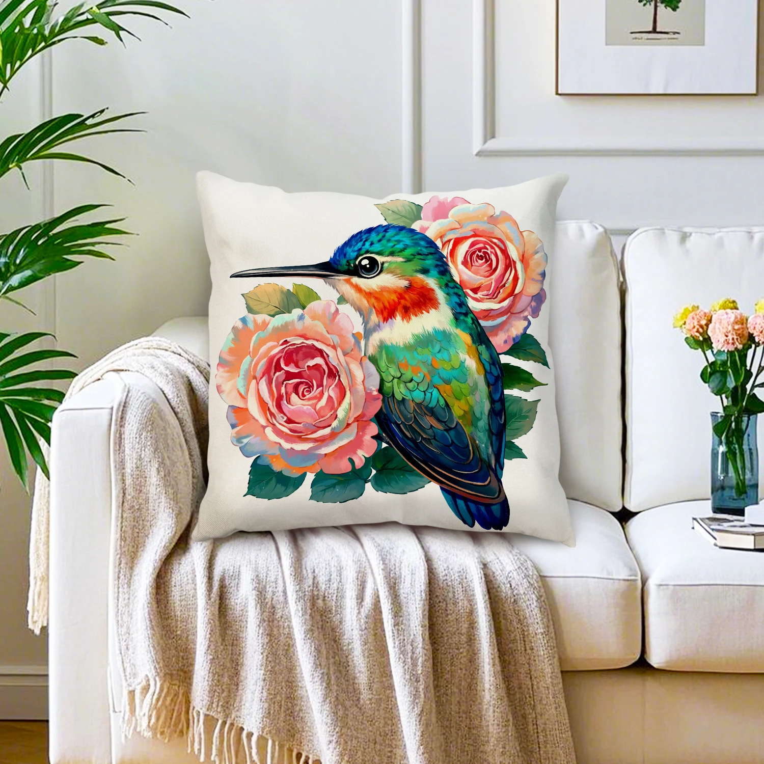 Hummingbird Rose Linen Cushion Covers Flower Bird Decorative Throw Pillows Spring Garden Nature Decor Sofa Couch Bedroom Patio