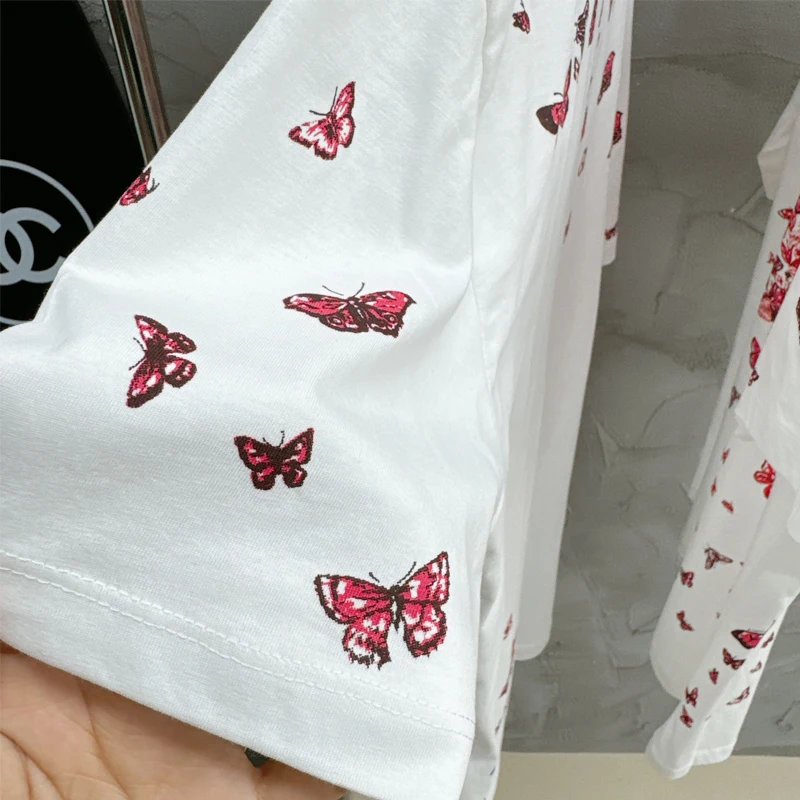 2024 Brand New Butterfly Print Front And Back T Shirts For Woman O Neck Casual Fit Blouse Beautiful Summer Tops For Girls