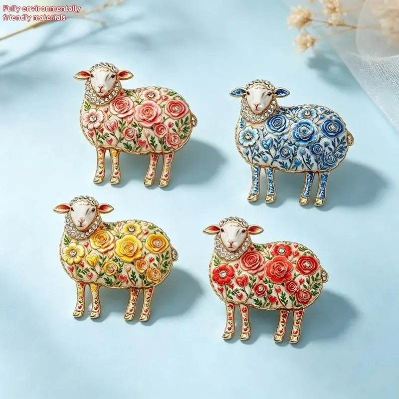 Unisex Sheep Brooch Pin 4 Color Rhinestone Floral Pattern Year Of The Goat Animal Ornament Gifts Party Office Daily Use