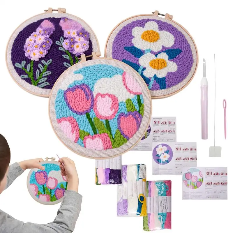 

Yarn Punch Needle Kit Set Of 3 Floral Art Needle Punch Coaster Kit For Beginners Tufted Rug Pads Crafting Supplies Art Work