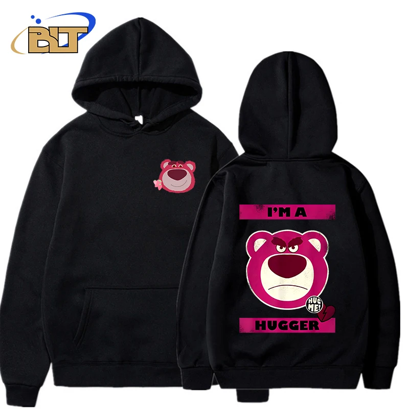 lotso bear print men's hoodie autumn and winter plus velvet strawberry bear sweatshirt loose top