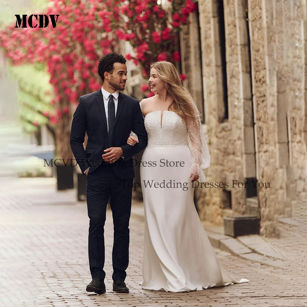 

MCDV Oversize Weddings Dresses Bridal Puff Sleeve Beaded Mermaid Satin Ivory Bride Gowns With Bow Engagement Dress Customized