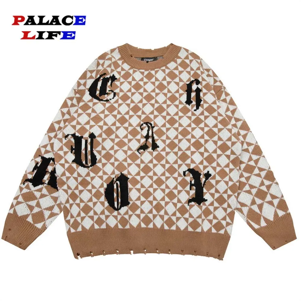 

Men Hip Hop Knitted Jumper Sweaters Letter Diamond Lattice Streetwear Couple Harajuku Autumn Oversize Casual Fashion Pullovers