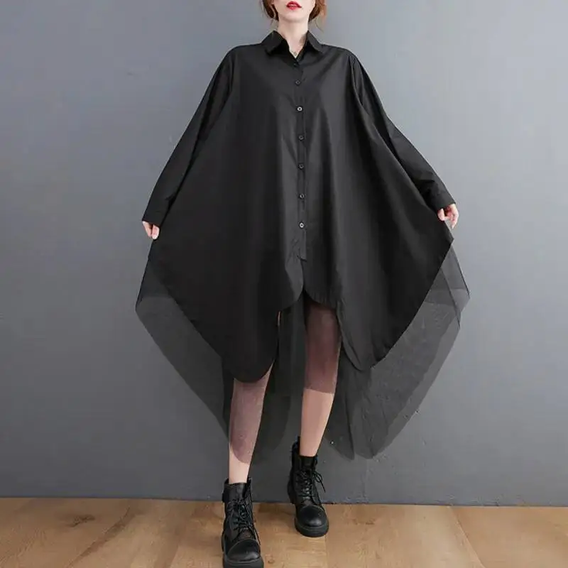 # 3319 Schwarz-Weißes Hemdkleid mit Knopfleiste für Damen, Langarm, Locker Geschnitten, mit Mesh-Einsatz, Asymmetrisches Hemdkleid, Umlegekragen