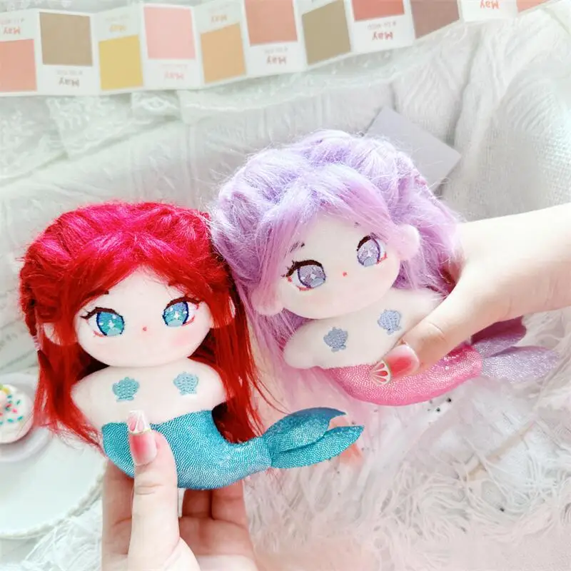 Mini Kawaii Mermaid Doll Cute Stuffed Cotton Plush Doll with Red Pink Hair Mermaid Head Plush Keychain Bag Pendant Decor Gifts