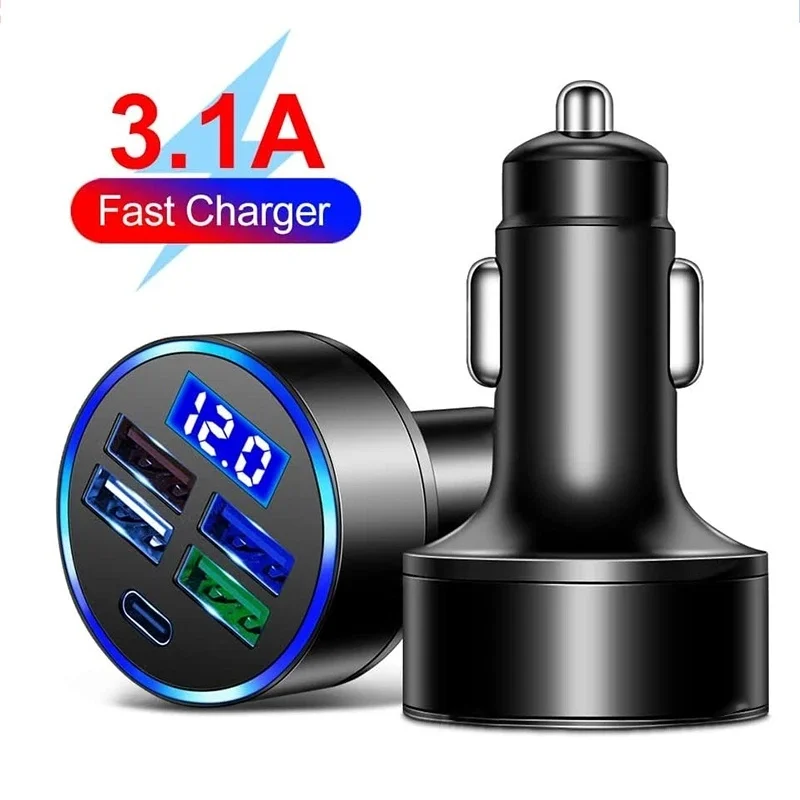250W 4 Port USB Car Charger PD Fast Charging Adapter With LED Digital Display For iPhone Huawei Realme Mobile Phone Car Charger