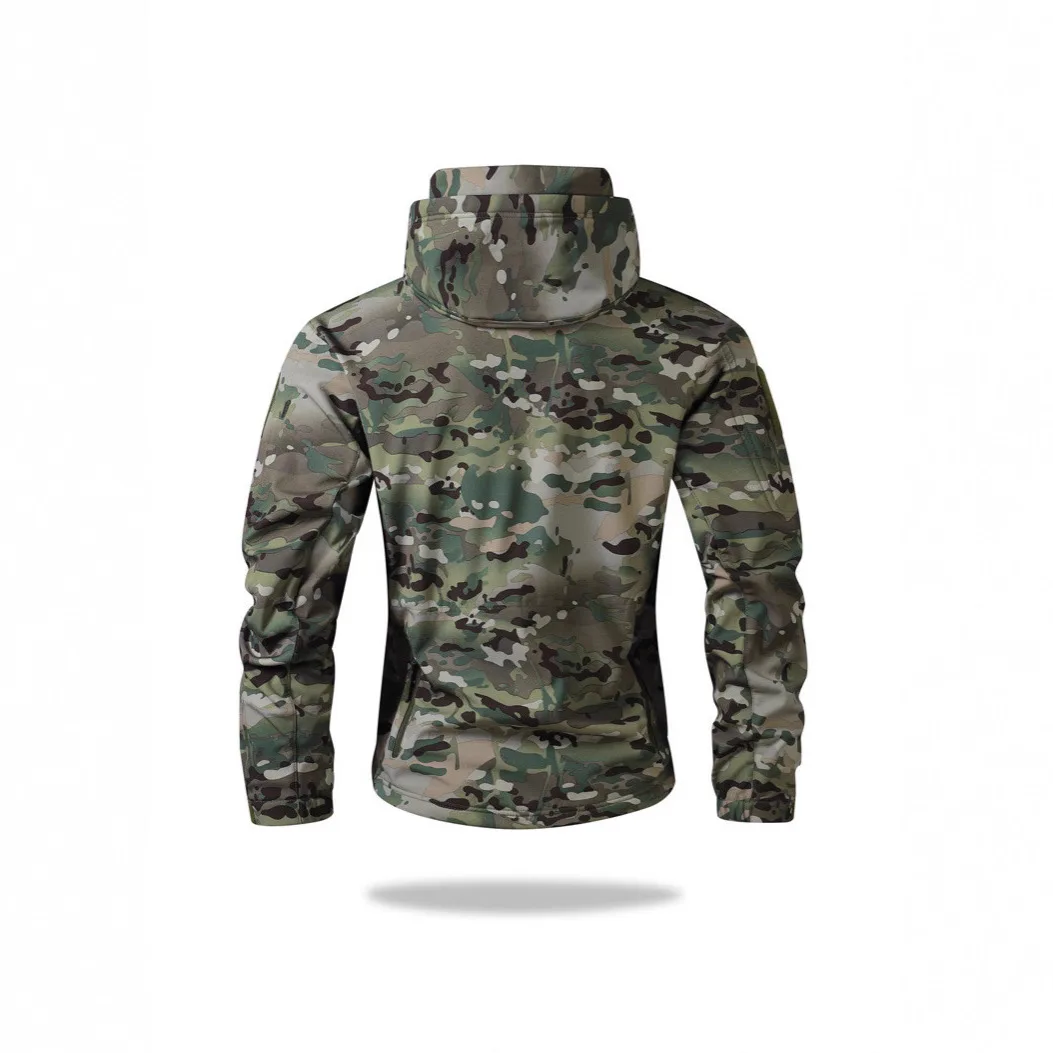 Camouflage Print Outdoor Jackets for Men Soft Shell Long Sleeve Thicken Fleece Warm Waterproof Durable Hooded Coats Male