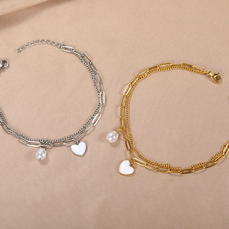 Stainless Steel Layered Charm Bracelet For Women Retro Punk Gothic Portrait Heart Pearl Bracelet Jewelry 2022