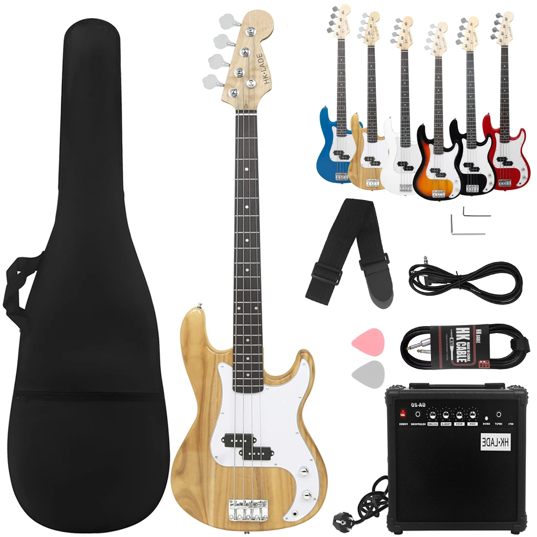 

Wood HK.LADE 20 Frets Electric Bass Guitar Maple Neck Body 4 Strings Bass Guitar with Amplifier Strap Bag Picks Parts