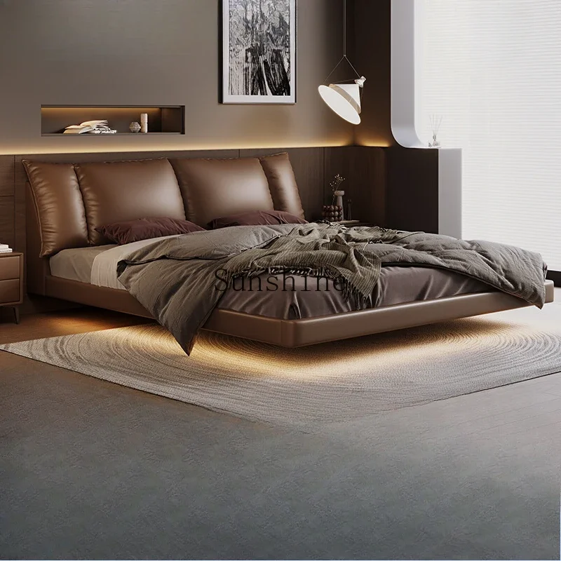 

Italian minimalist first-layer cowhide suspended bed Modern minimalist master bedroom double bed with lamp