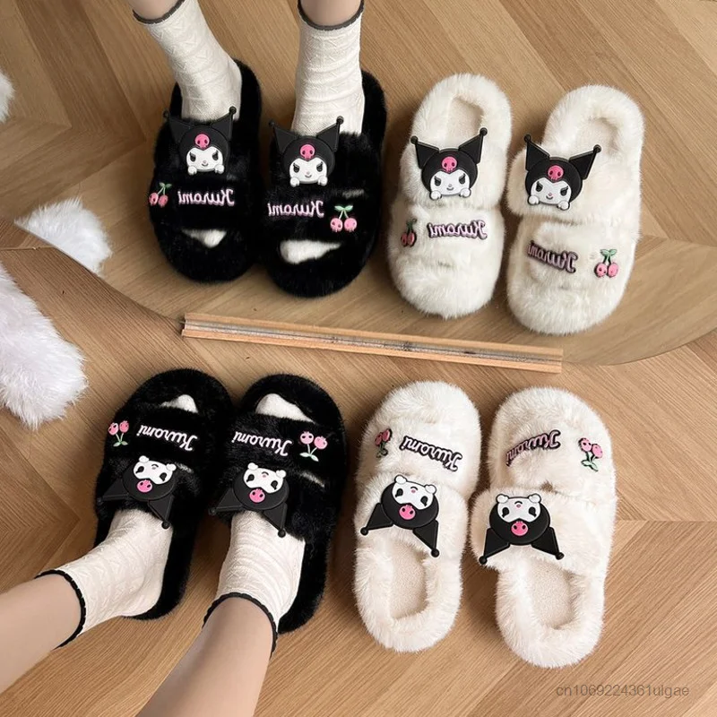 Sanrio Kuromi Plush Shoes Women Outdoor New Thick Sole Fuzzy Slippers Anti Slip Y2k Female Cartoon Korean Style Fashion Slippers