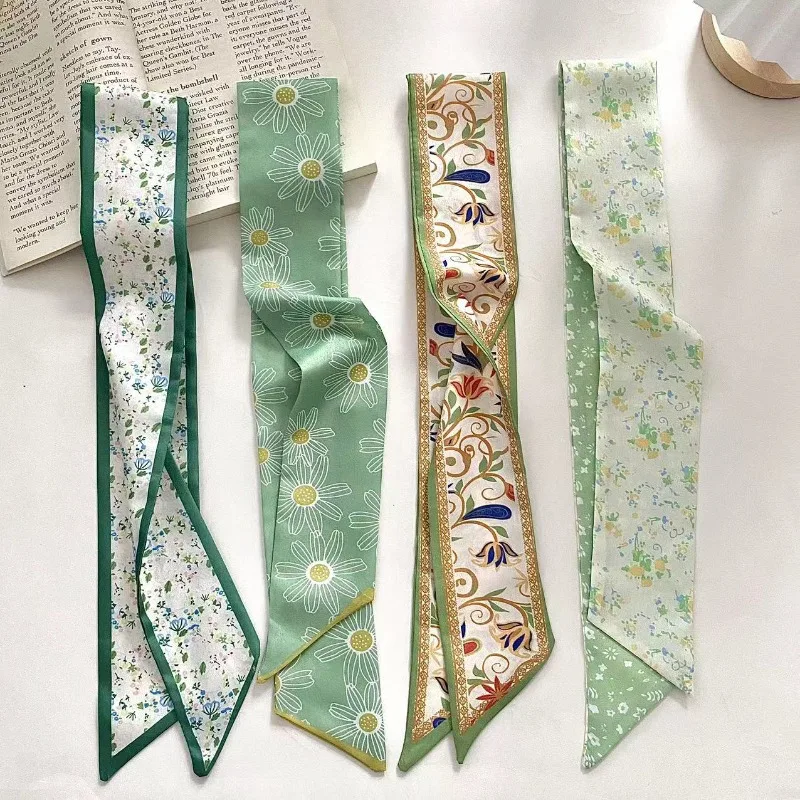 

Summer Spring New Green Floral Hair Band Hair Tie Ribbon Versatile Korean Style Silk Scarf Elegant Scarf Accessories for Women
