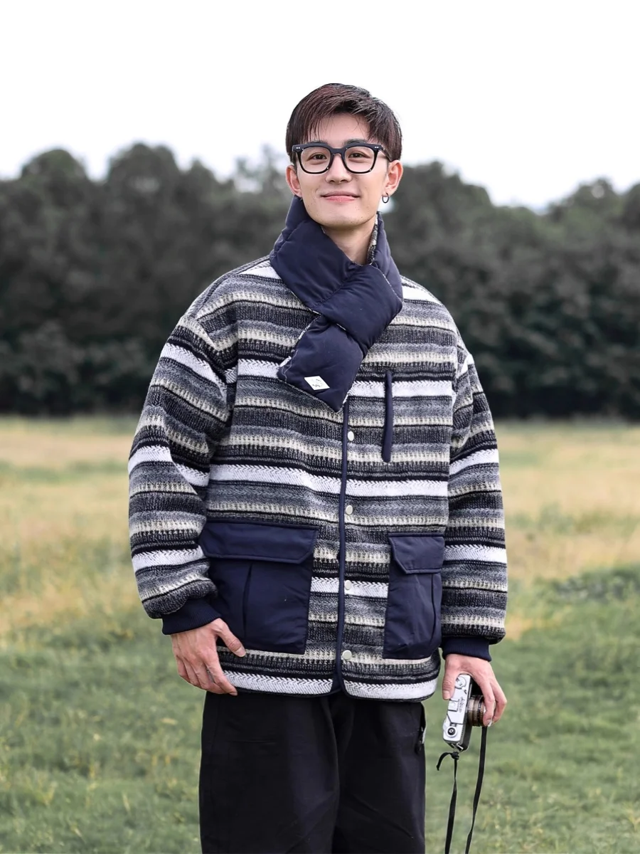 Winter New Style Retro Gourd Stitch Cotton Jacket Men's Woolen Patchwork Double-Sided Wear Cotton Coat Scarf Warmth Thickened...