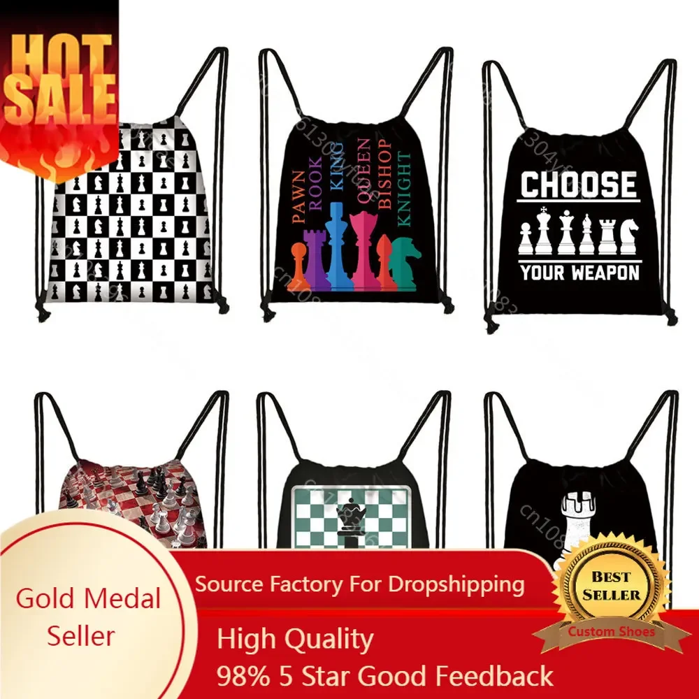 

Chess Fans Backpack Women Men Drawstring Bags Pawn Rook King Queen Bishop Knight Shoulder Bag for Travel Bookbag Shoes Holder