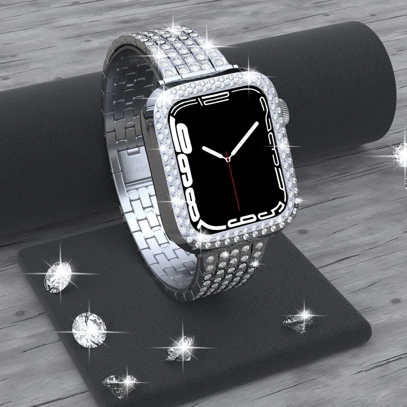 Diamond Bands For Apple Watch 45mm 41mm 40mm 42mm 44mm Women Glitter Metal Strap Protective Case iWatch Series 8 7 6 5 4 3 2 SE