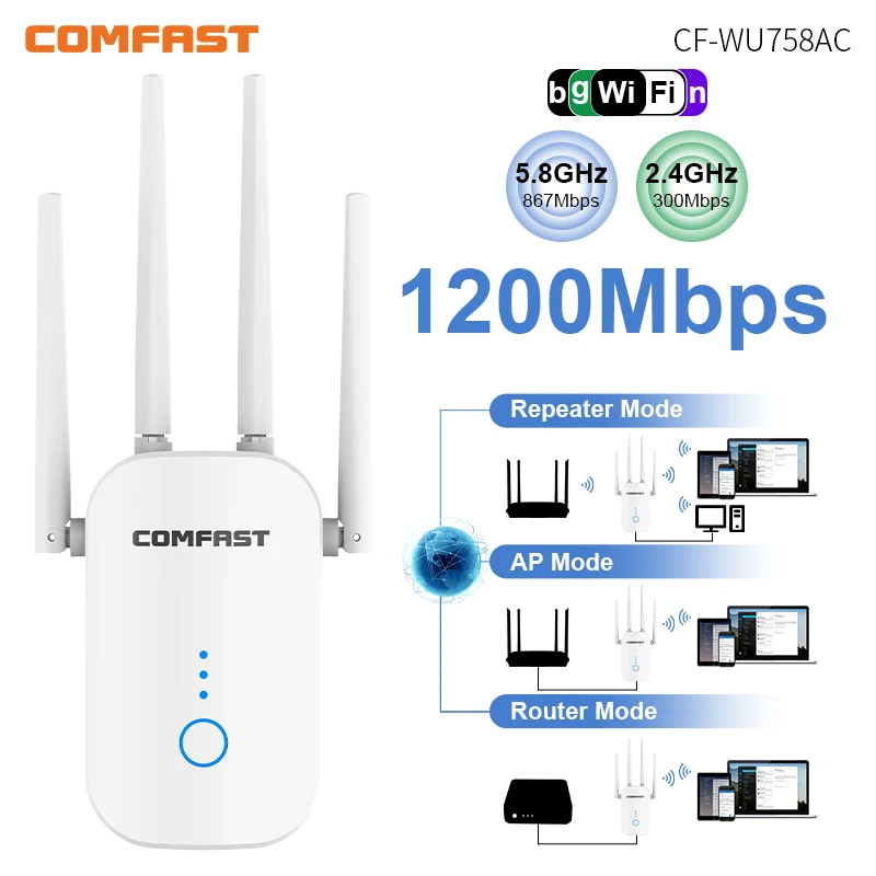 Repetidor De Sinal 1200Mbps Wi Fi Repeater Dual Band 5G 2.4G Repetiteur Long Range Booster 4 Antenna Wi-fi Amplifier Puissant