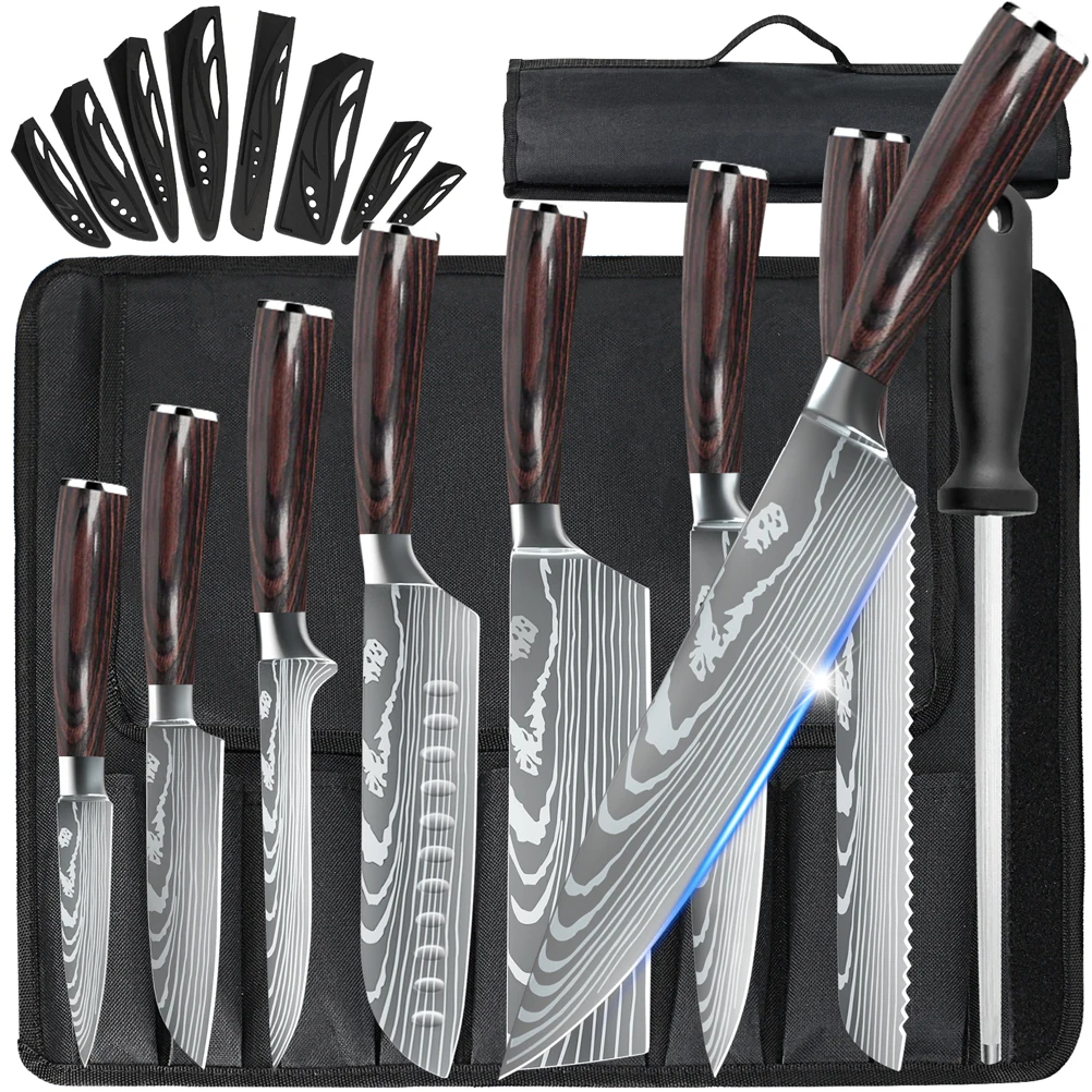 

8pcs Kitchen Knife Set Durable Stainless Steel Laser Damascus Pattern Chef Knife Sharp Santoku Cleaver Slicing Knives Tool