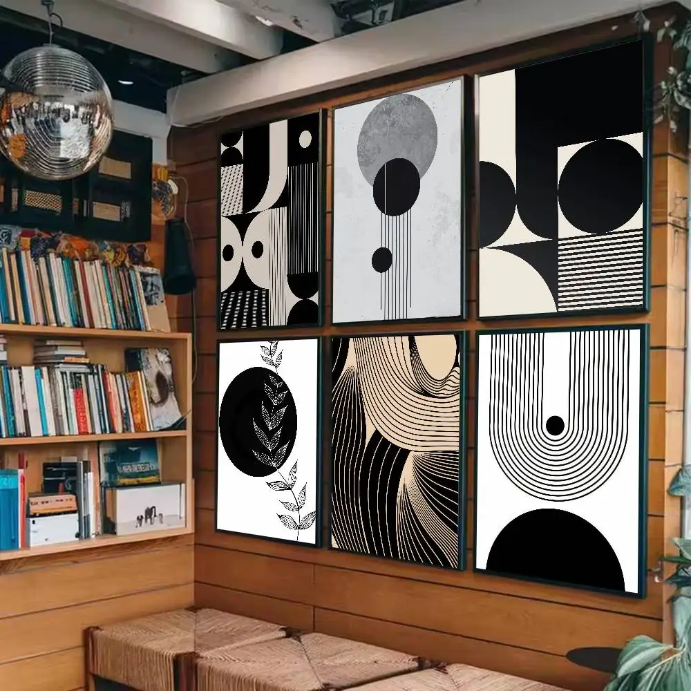 Boho Abstract Geometric Poster Set Neutral Beige Black Circle Semicircle Line Minimalist Modern Wall Art Living Room Home Decor