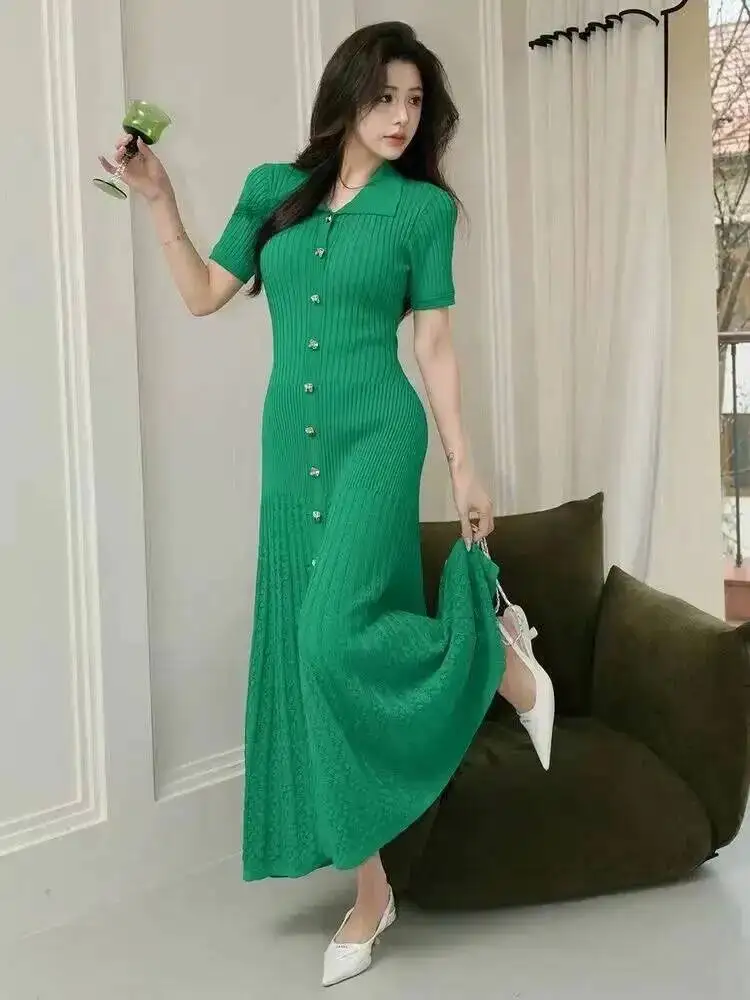 

Green Chic Fashion Elegant Patchwork Knitted Maxi Dress Summer Lady Turn-down Collar Shirt Sweater Dress Party Vestidos M4TY