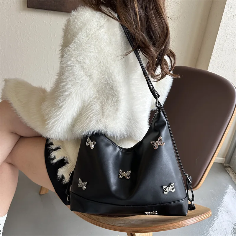 New Women Butterfly Tote Bag Fashion Underarm Shoulder Bag Large Capacity Soft Pu Leather Retro Casual Y2K Silver Crossbody Bag