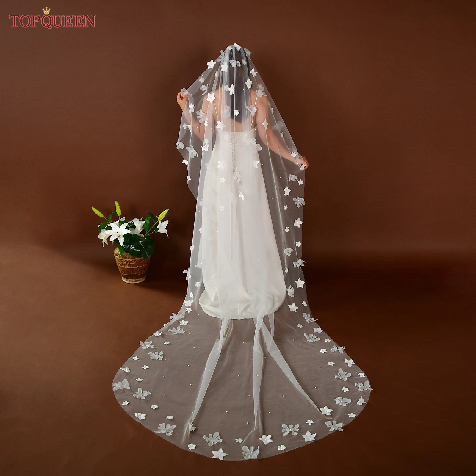 TOPQUEEN الزفاف الحجاب الزفاف ثلاثية الأبعاد زهرة الحجاب اللؤلؤ زين لينة كاتدرائية طبقة واحدة اكسسوارات الزفاف للتخصيص V243