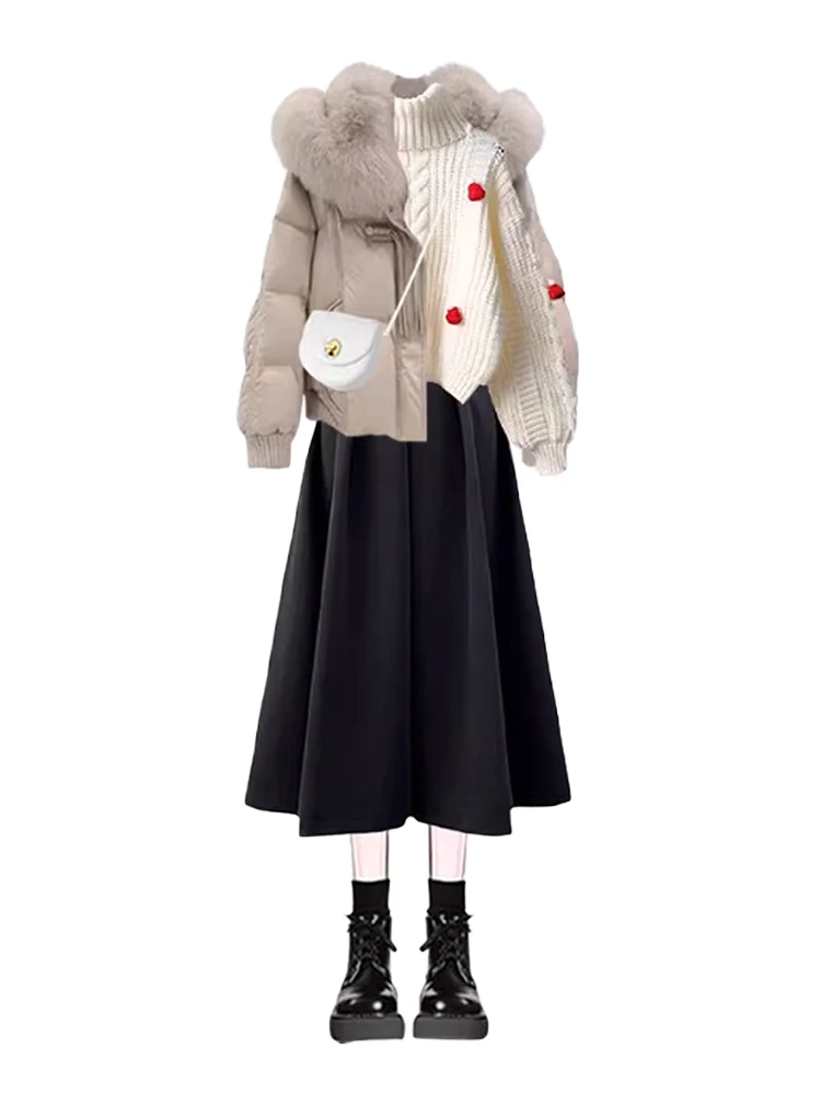 Jaet de algodón cálido con cuello de piel, falda hasta f y suéter, conjunto de camiseta, conjunto de Faion para mujer, invierno