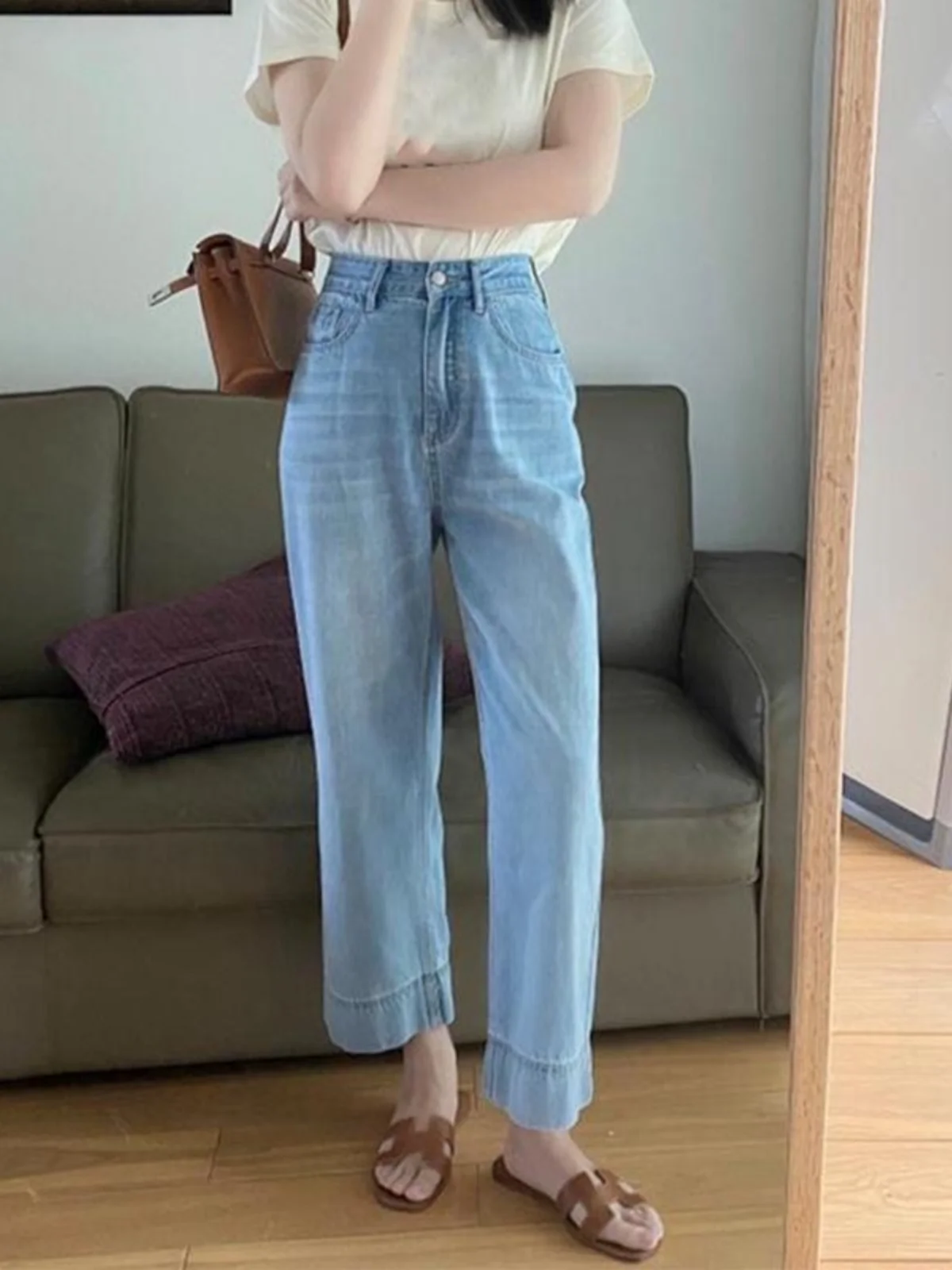 Damskie jeansy z wysokim stanem i szerokimi nogawkami, luźny krój, jasne kolory, proste nogawki, długość do podłogi, do pracy, na lato.