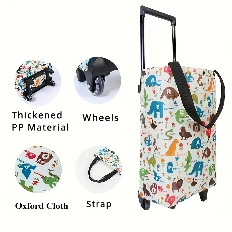 Foldable Portable Hand Shopping Cart with Pull Rod, Dual-Use Shoulder Strap Trolley Cart, Lightweight Hauling Wagon for Supermar