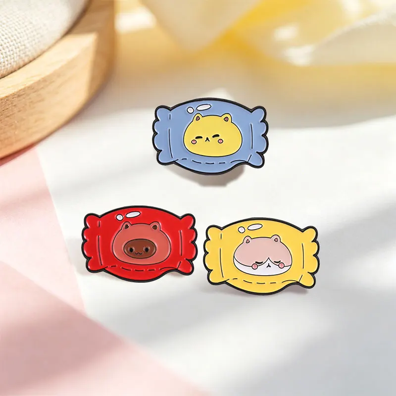 Cute Capybara Hamster Cat Candy Wrapper Badge Enamel Pin Cartoon Candy Animal Design Brooch Bag Lapel Badge Fashion Jewelry Gift