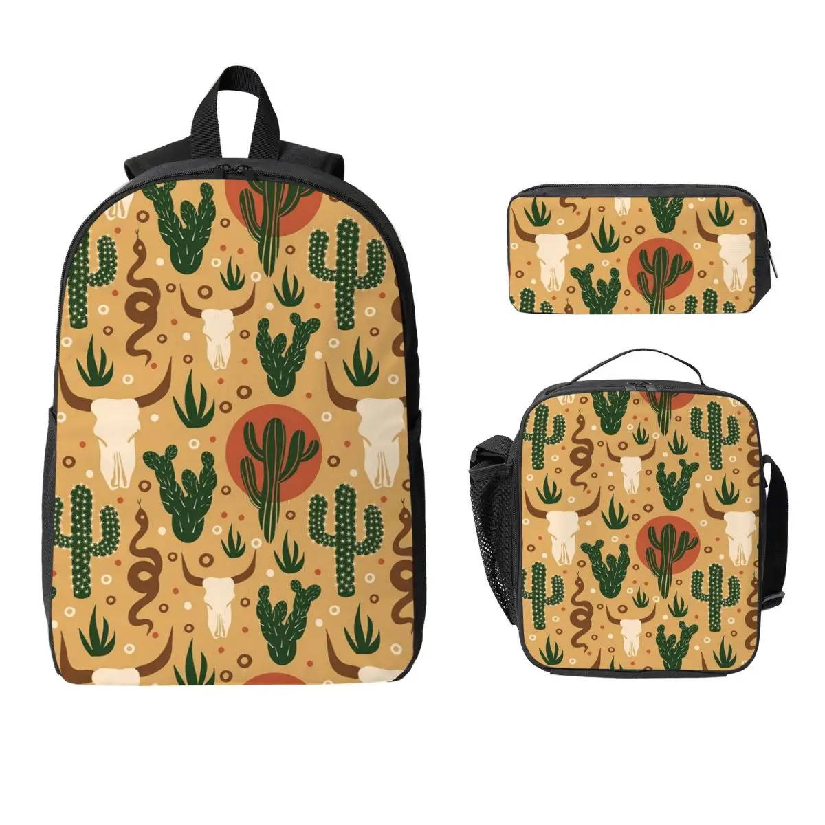 Western Bull Head And Cactus Design Backpack Student BookBag School Bag Laptop Shoulder Bags 3ps Insulated Lunch Bag Pencil Case