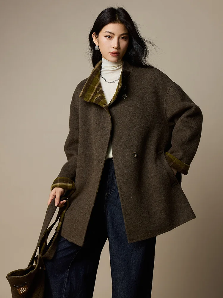 Birdtree, korte jas van wolmix, casual losse tops met opstaande kraag, dubbelzijdig wollen, herfst-winterjas van 2025 T5N410JF