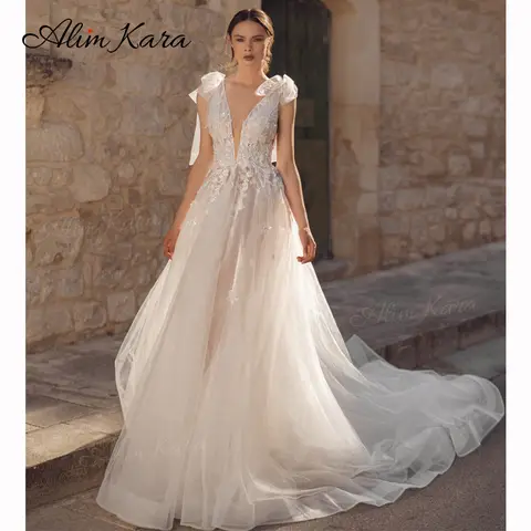 Alim Kara V-neck Sleeveless Wedding Dress Elegant Appliques A-Line Custom Plus Size Bridal Gown Princess GI184 Vestido De Novia