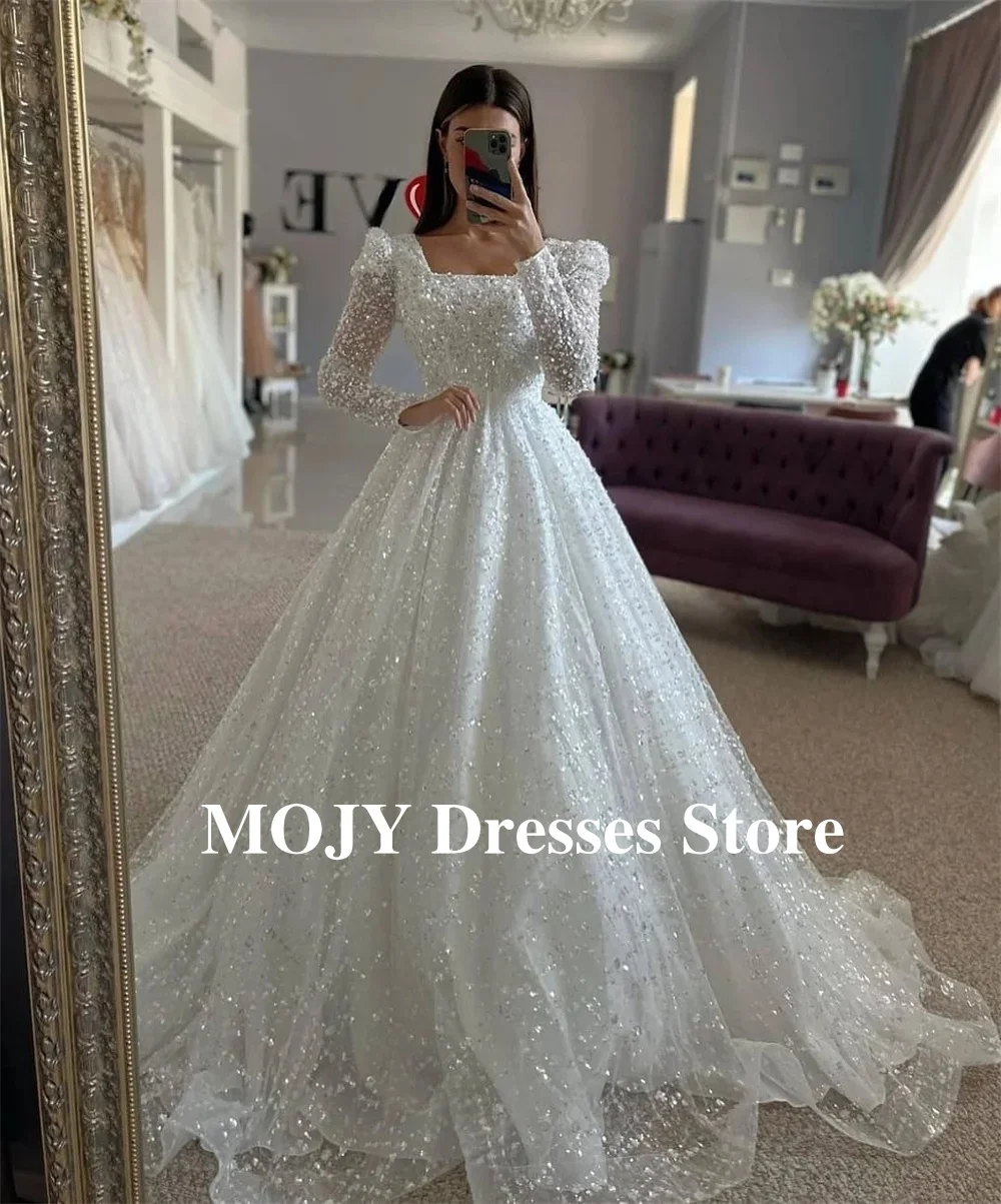 Mojy Роскошное свадебное платье цвета слоновой кости с блестками и бисером, с квадратным вырезом и длинными рукавами, свадебное платье трапециевидной формы, торжественное платье невесты