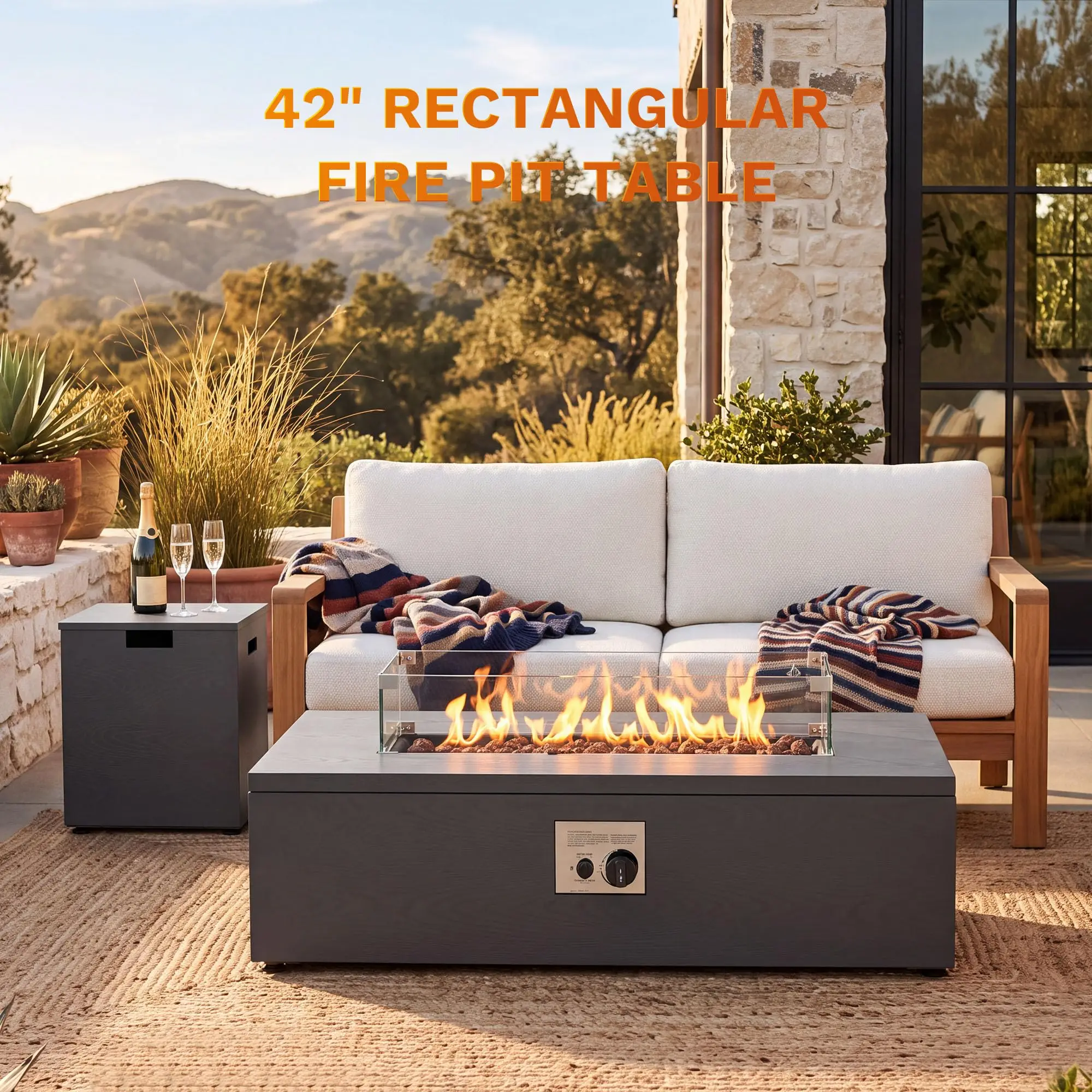 42 Inch Rectangular Propane Fire Pit Table, 50,000 BTU Gas Fire Pit