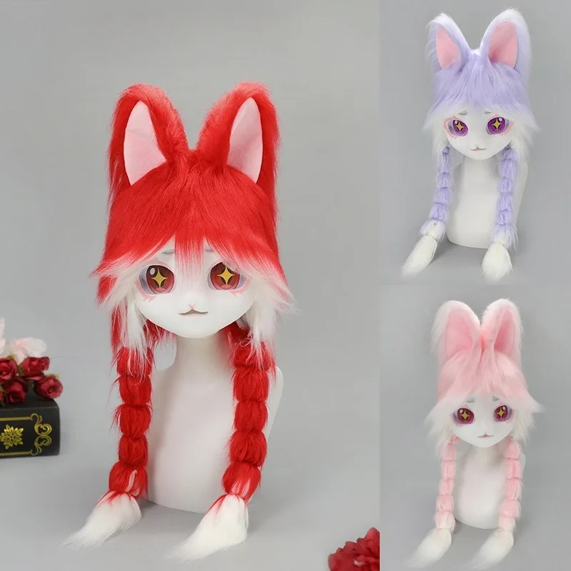 

Rabbit Head Furry Cosplay Fursuit Kigurumi Cute Animal Plush Mask with Braid for Adult Kig Carnival Party Roleplay Props Gifts
