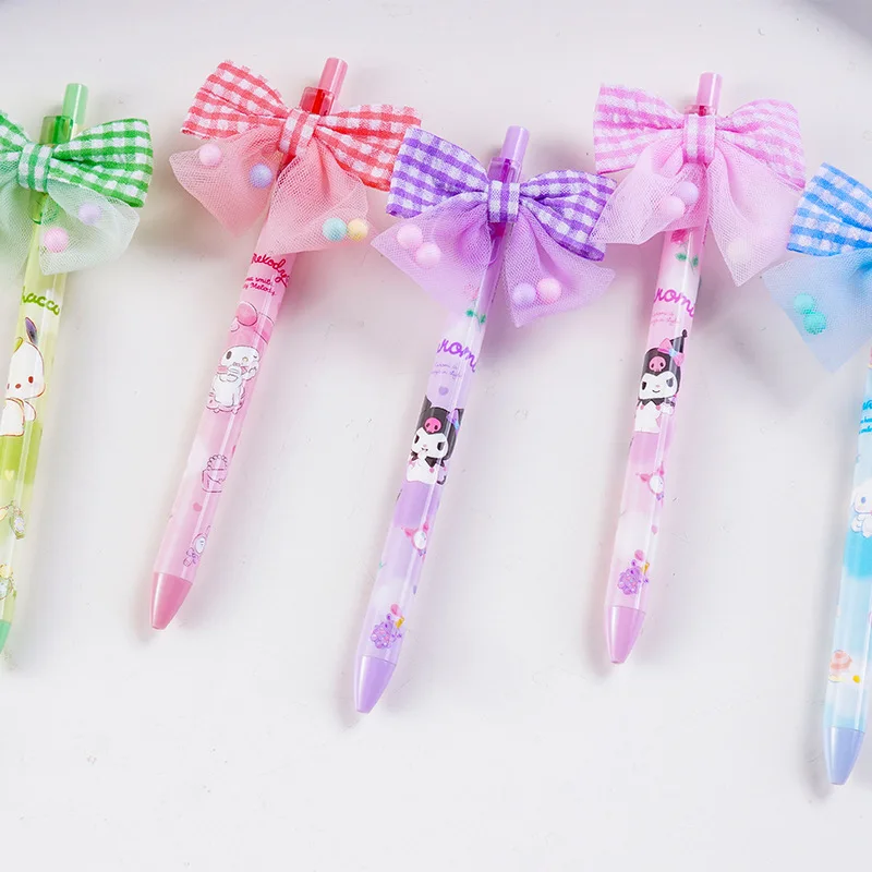 genuine sanrio plastic press neutro pen caneta coracao das meninas adoravel bow knot caneta preta infantil presente de escritorio atacado 12 pcs 01