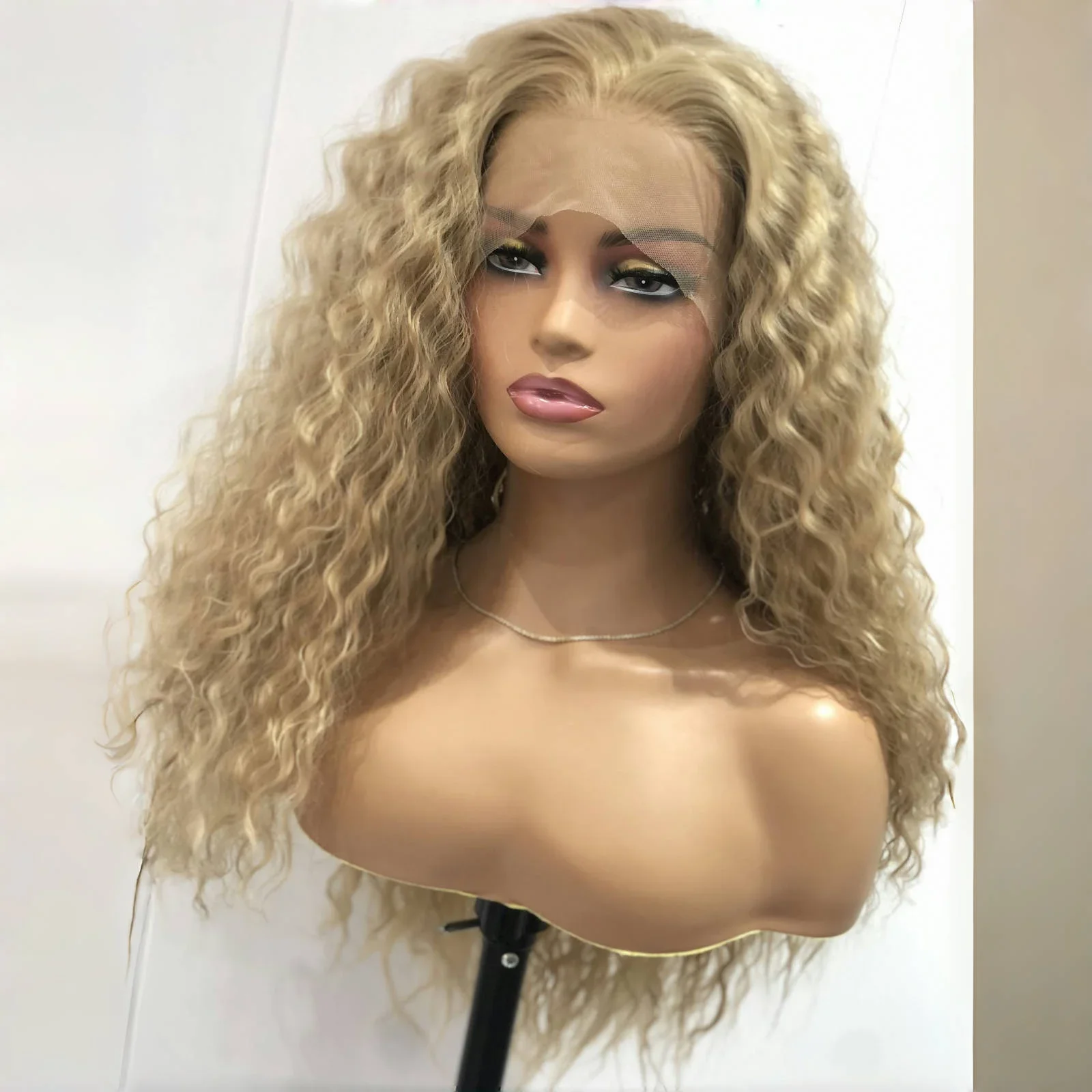 

Long Glueless 26Inches Blonde Kinky Curly Preplucked 180%Density Lace Front Wig With BabyHair Heat Temperature Daily