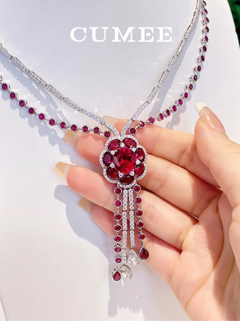 Elegant Style Retro Ruby Necklace 925 Sterling Silver Cultivated Flower Ruby non Tarnish. 925 Silver Gold-plated