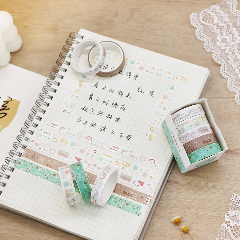 Mori Watercolor Washi Tape Set 5 Wrap Creative Geometric Pattern Basic Student DIY Stationery Handbook Tape