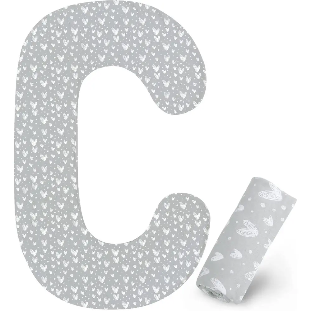 C Shaped Pillowcase, Grey Heart Print, Full Body Pillow Case Cover, Maternity, Ultra Soft, Stretchy, Breathable Fabric, Universa