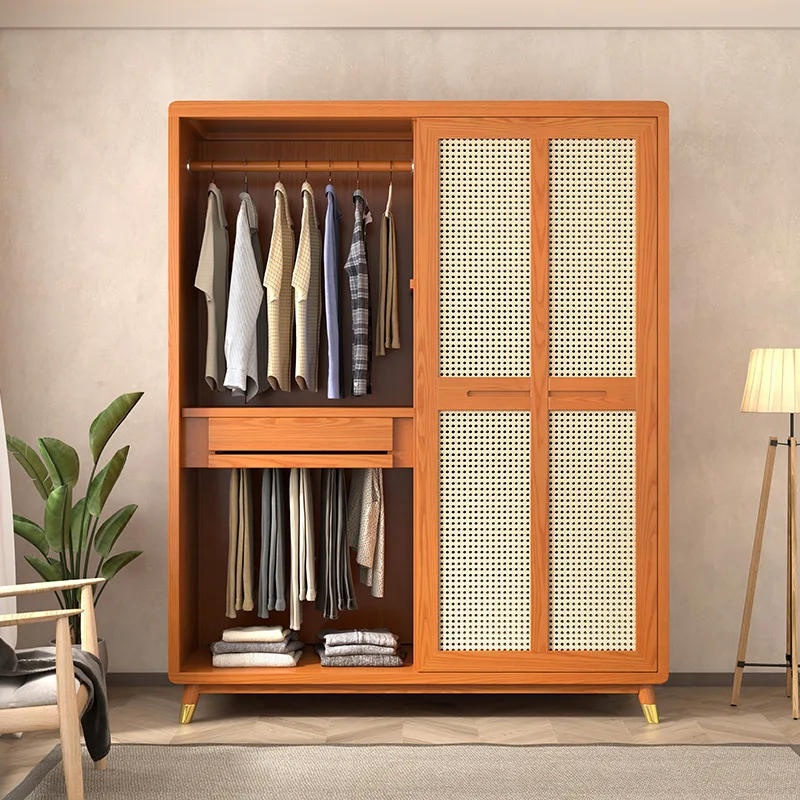 

All solid wood braided rattan sliding door wardrobe household bedroom small apartment hanging clothes storage