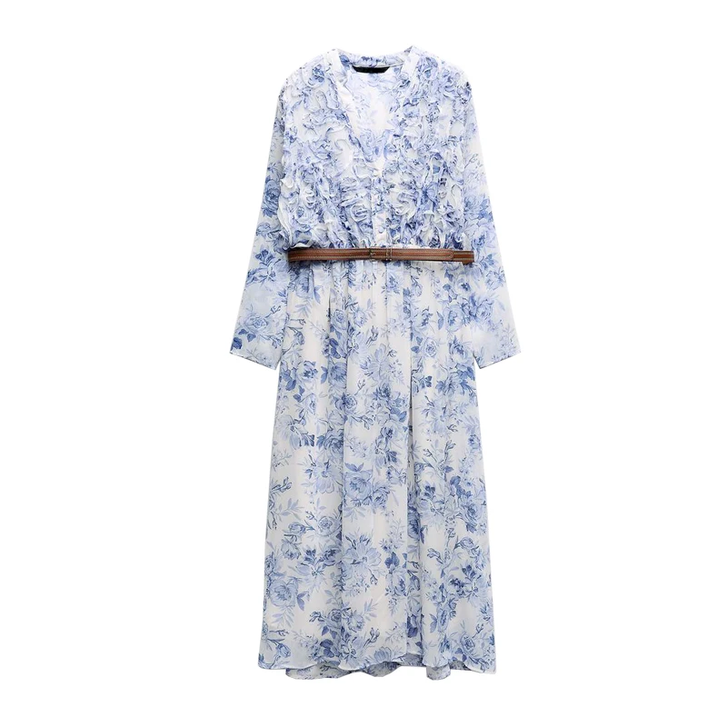 

Spring Summer New Sle Vaion Print Long Sve V-Ne Belted Layered Decorative Dr High Waist Lantern Sve Maxi Dr