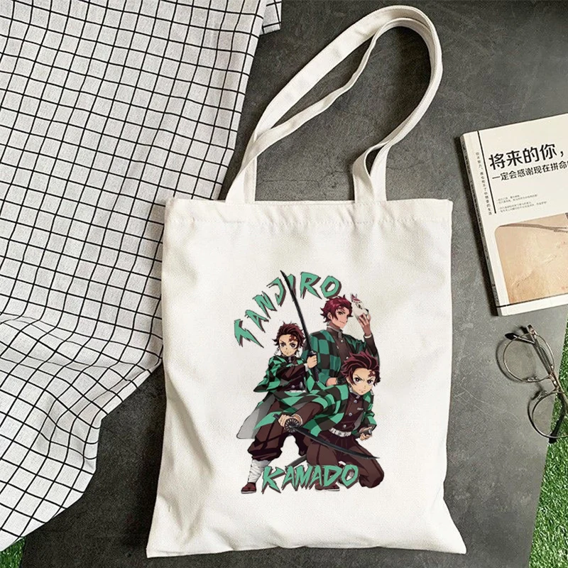 Cartoon Demon Slayer Kimetsu No Yaiba Kamado Tanjirou Handbags Shoulder Bags Casual Shopping Handbag Women Canvas Tote Bags