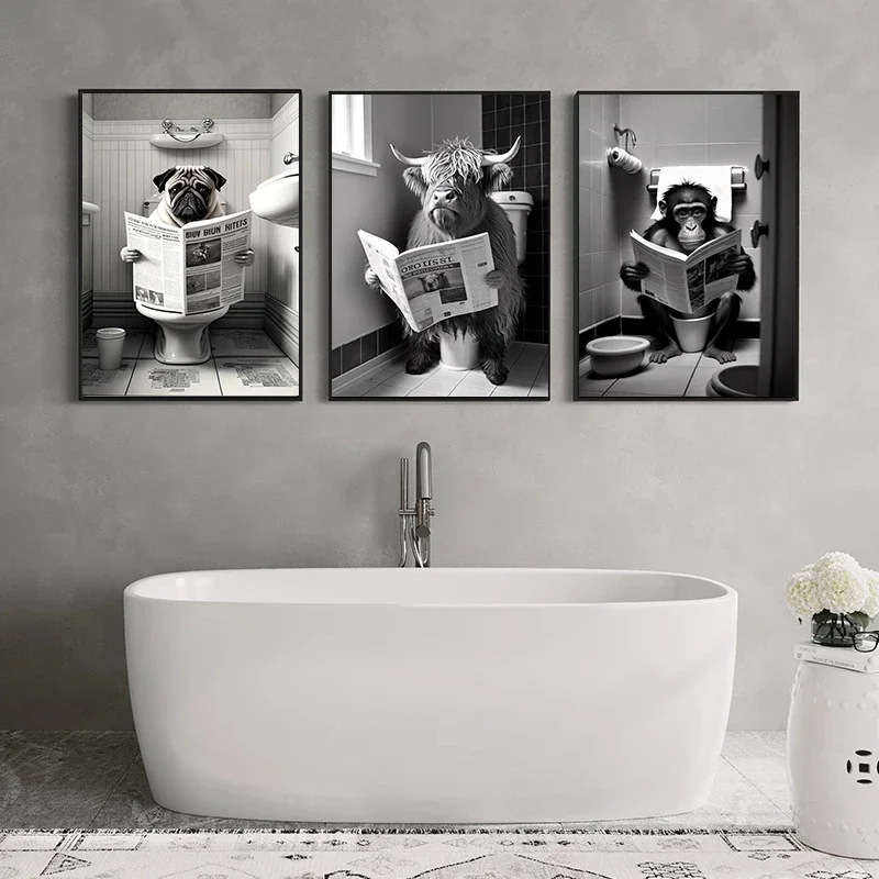 Animal Sitting on The Toilet Reading A Newspaper Poster Prints Canvas Printing Retro Wall Art Picture for Living Room Home Decor